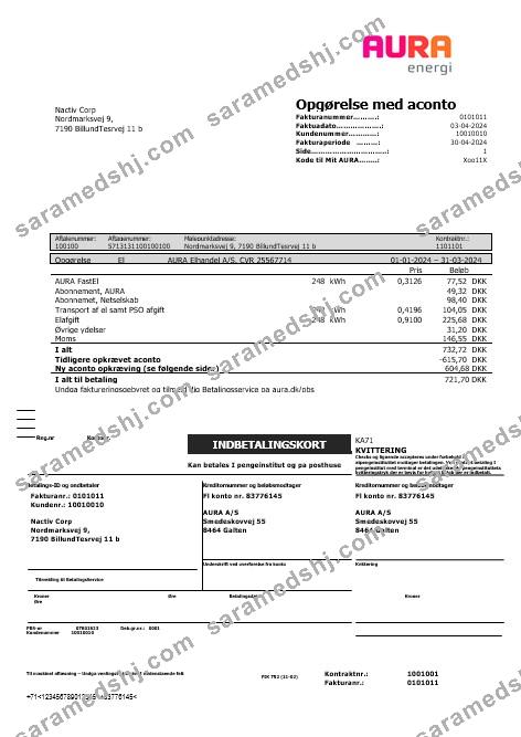 Denmark AURA Energi business utility bill template in Word and PDF formats